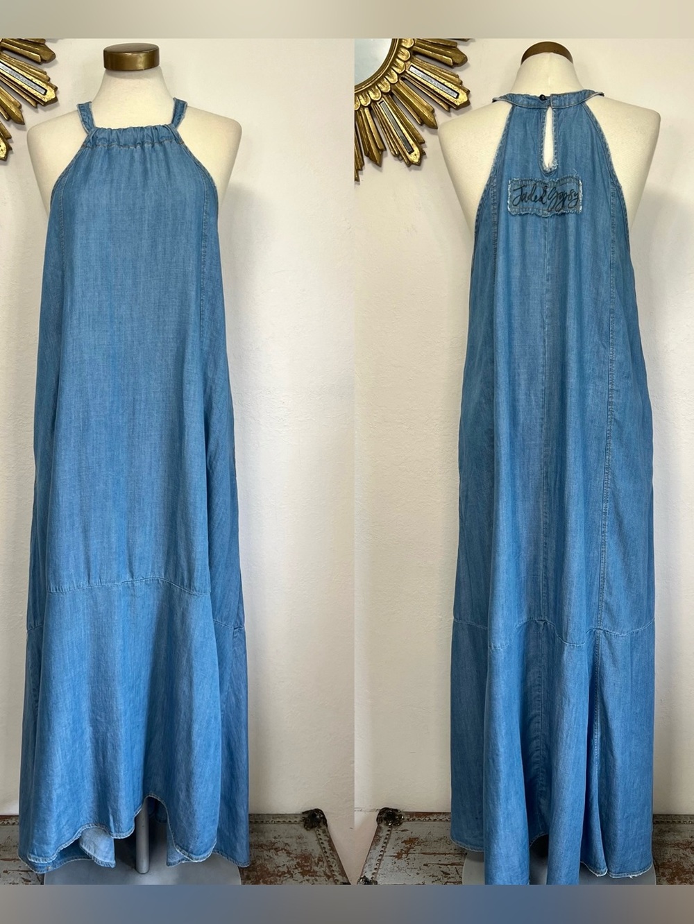 Jaded Gypsy Light Blue Chambray Denim Halter Maxi Dress